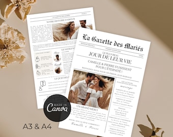 Gazette des Mariés Modèle Faire Part Mariage Template Canva Invitation Mariage Personnalisable Journal Mariage Modèle Canva A3 et A4