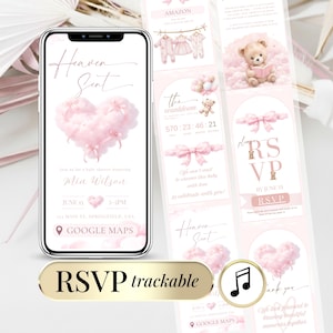 May include: A digital baby shower invitation displayed on a smartphone screen featuring a pink heart-shaped cloud with bows, the text Heaven Sent, Mia Wilson, June 15, and a Google Maps link. Beside it, a vertical layout shows additional event details.