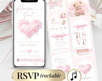 Baby Shower Digital Invitation Pink Heaven Sent – Cloud Teddy Girl Baby Shower Invite – Editable Canva + RSVP Tracker