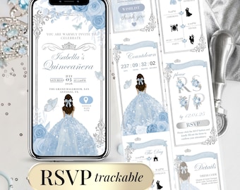 Invitación Digital Quinceañera Azul Claro – Plantilla Editable Sweet 15 Animada con RSVP Clickeable | Fiesta 15 Años Invitación Canva