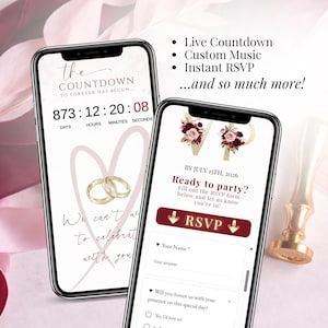 Live countdown wedding invitation page mockup featuring burgundy and gold wedding rings, music countdown, and romantic wedding website design