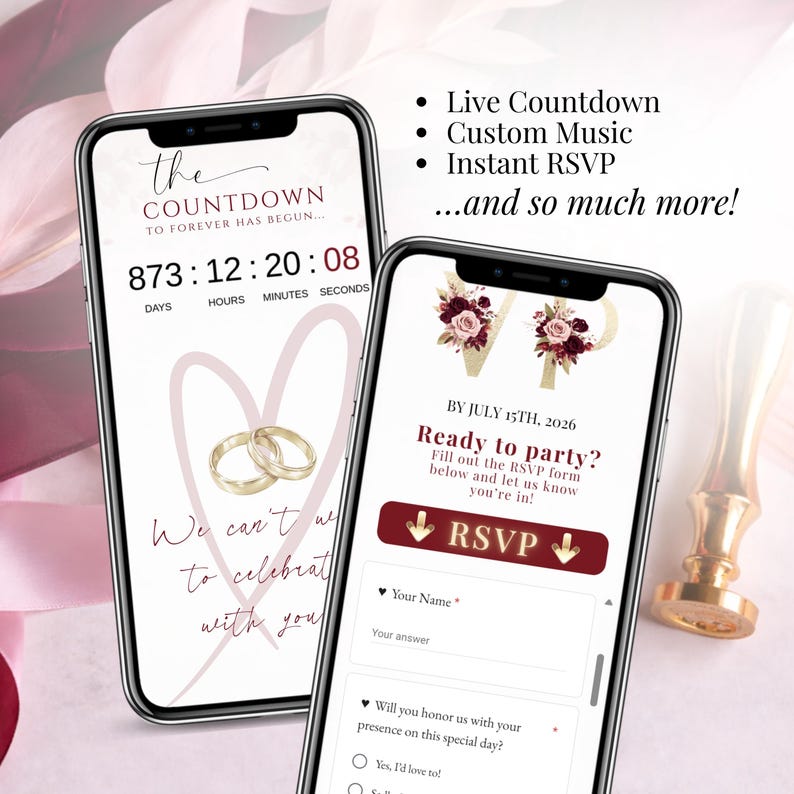 Live countdown wedding invitation page mockup featuring burgundy and gold wedding rings, music countdown, and romantic wedding website design