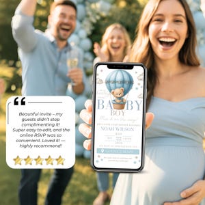 Happy couple at baby shower holding phone with digital baby boy invitation – Teddy bear design in soft blue – Editable Canva template with RSVP and Google Maps link – 5-star customer review praising ease of use and guest compliments – Perfect online baby shower invite for boys, shared via text or email.