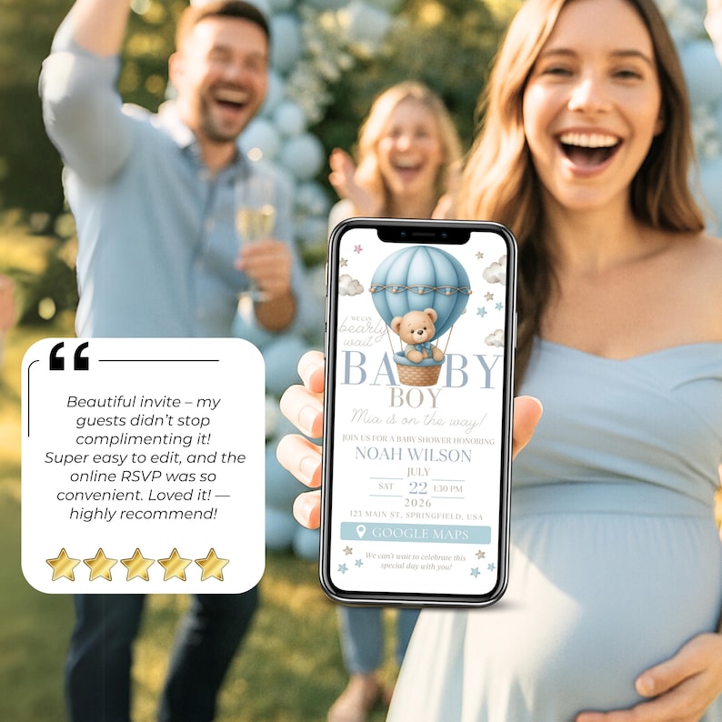 Happy couple at baby shower holding phone with digital baby boy invitation – Teddy bear design in soft blue – Editable Canva template with RSVP and Google Maps link – 5-star customer review praising ease of use and guest compliments – Perfect online baby shower invite for boys, shared via text or email.