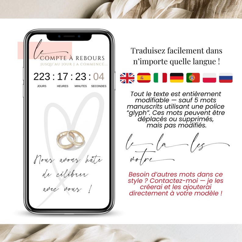 Traduction facile de l’invitation de mariage numérique dans n’importe quelle langue, aperçu du compteur et pays disponibles, design mobile chic beige et or.