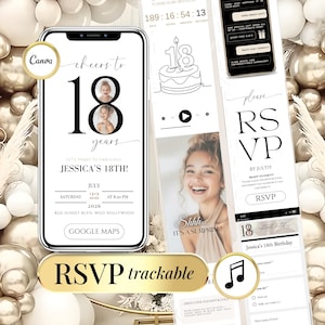 Peut inclure: Conception d'invitation numérique pour le 18e anniversaire de Jessica, avec une mise en page moderne et une typographie élégante. La conception comprend les détails RSVP, un compte à rebours et un lien Google Maps. La palette de couleurs est principalement noire et or.