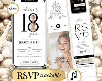 Editable Canva 18th Birthday Digital Invitation | Animated eCard for Men & Women | Customizable Evite + RSVP Guest-List Tracker