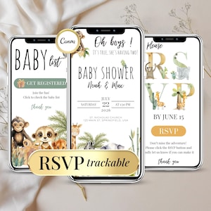 Safari Baby Shower Invitation - Editable Digital Template - Boy Girl Animal Invite - Invitation Numérique Modèle et RSVP Online Cliquable