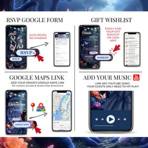 RSVP Google Form, gift wishlist, music link option, and Google Maps button displayed on mobile. Blue enchanted forest Quinceañera digital invitation system.