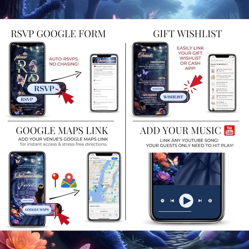 RSVP Google Form, gift wishlist, music link option, and Google Maps button displayed on mobile. Blue enchanted forest Quinceañera digital invitation system.