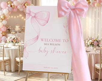 Pink Bow Baby Shower Welcome Sign Printable, Girl Baby Shower Editable Welcome Poster, Coquette Bow Girl Baby Shower Pink Ribbon Bow Canva
