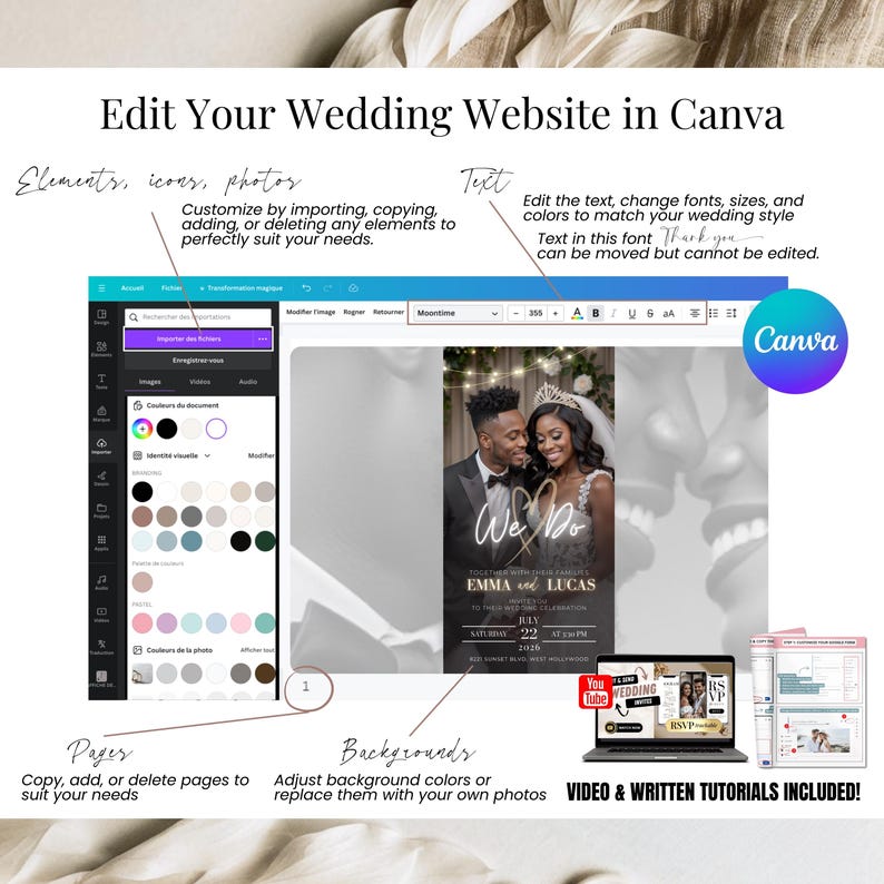 Editable digital wedding invitation Canva template, fully customizable wedding website evite with RSVP, countdown, and music. Couples can edit text, fonts, icons, photos, backgrounds, and pages to match their wedding style. Easy-to-use animated wedding invite with tutorials included, modern black gold design, eco-friendly digital alternative to paper invitations, perfect for stylish weddings.