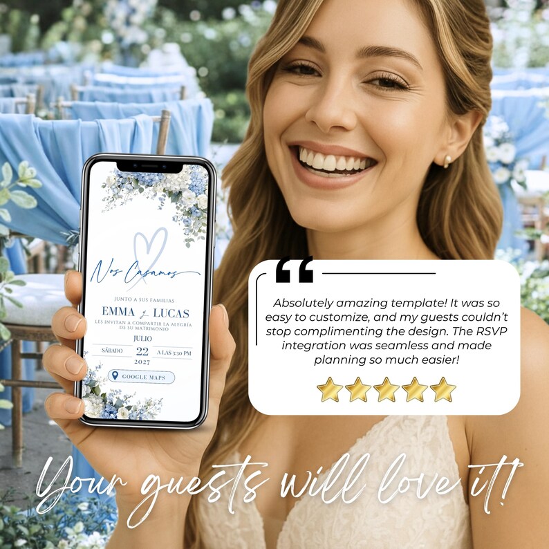 Spanish digital wedding invitation website with RSVP tracker, invitación de boda digital azul con flores azules, boda digital editable en Canva, RSVP online rastreable, web de boda elegante con cuenta regresiva y música