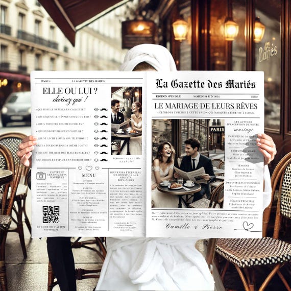Gazette des Mariés 4 pages Francais - Faire Part Mariage - Template Invitation Mariage Personnalisable - Journal Mariage Modèle Canva A3,A4