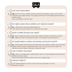 FAQ for editable Canva birthday website invitation with RSVP, music and any age customization. Black lace digital birthday invite for 30th, 40th or 50th birthday, featuring editable text, colors, photos, pages and trackable RSVP options.