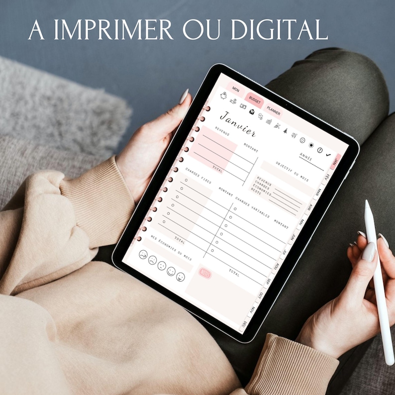 Budget planner français, non daté, avec checklist, suivi des dépenses mensuelles et annuelles. Idéal pour une gestion financière organisée. Design pratique pour impression ou utilisation digitale, adapté aux objectifs financiers personnels.