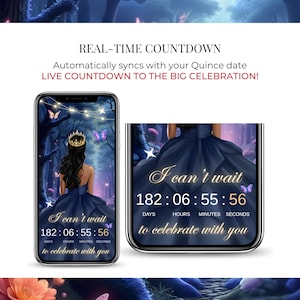 Real-time countdown page for Quinceañera invitation website, showing timer synced to event date. Blue and gold fairy-tale princess theme.