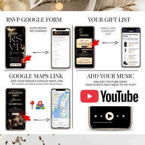 May include: A digital invitation design with a black and gold theme. The design includes smartphone mockups showcasing RSVP, gift list, Google Maps, and music integration. The text includes "RSVP", "Google Maps Link", and "Add Your Music".