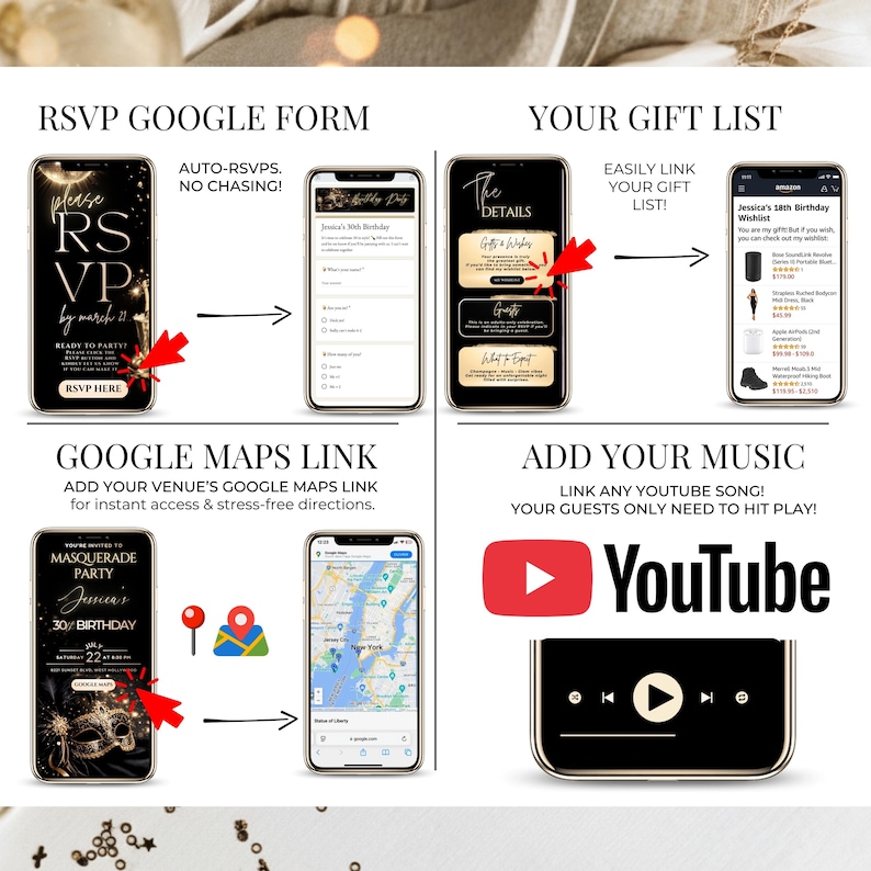 May include: A digital invitation design with a black and gold theme. The design includes smartphone mockups showcasing RSVP, gift list, Google Maps, and music integration. The text includes "RSVP", "Google Maps Link", and "Add Your Music".