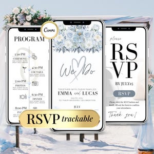 Digitale Hochzeitseinladung mit RSVP-Link – Faire Part Mariage Numérique – Blaue Canva-Vorlage – Verfolgbare RSVP – Online-Hochzeits-Countdown