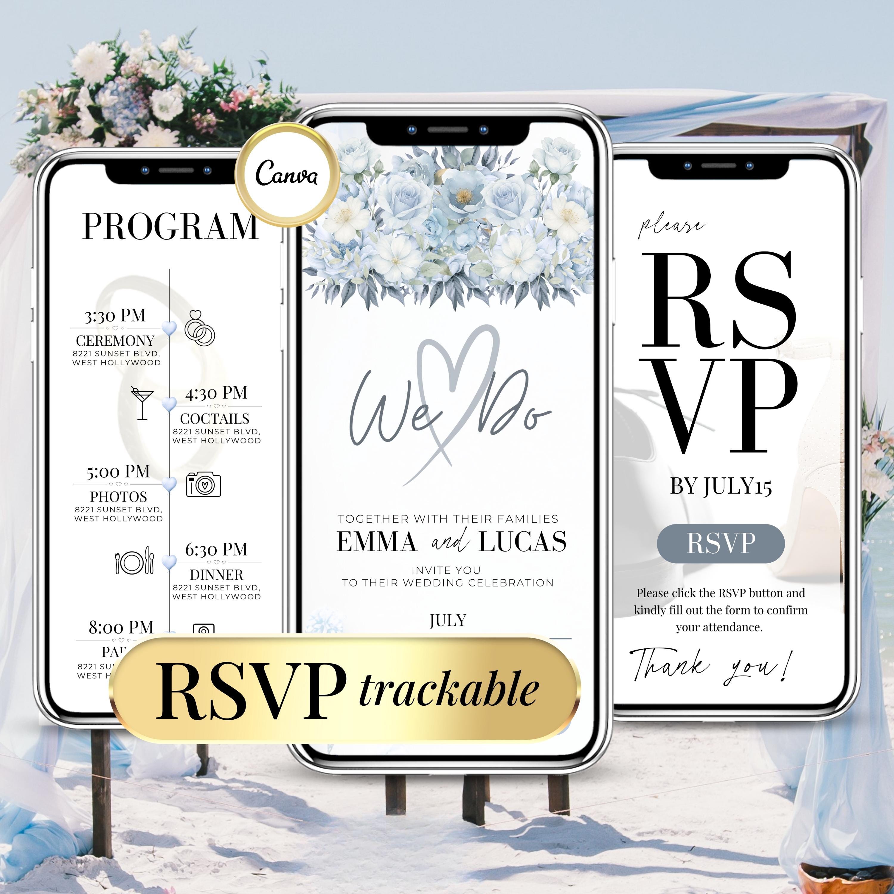 Digital Wedding Invitation with RSVP Link – Customizable Blue Online Wedding Invite Template – Trackable RSVP – Canva Editable Countdown