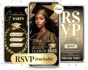 Gold Graduation Invitation Template, Digital Graduation Party Invite with Clickable Online RSVP,  Editable Announcement Class of 2025 Evite