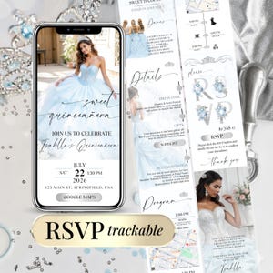 Convite elegante para festa de debutante (Quinceanera) com confirmação de presença (RSVP), convite digital editável para aniversário de 15 anos (Mis Quince Anos), azul bebê e prata.