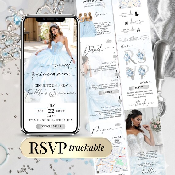 Elegant Quinceanera Invite RSVP Sweet 16 invitation, Editable Mis Quince Anos 15th Birthday Digital Quinceanera Invitation Baby Blue Silver