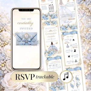 Puede incluir: Una invitación digital en la pantalla de un teléfono con un sobre azul claro, un reloj y un lazo, junto a un diseño vertical que muestra detalles del evento, un temporizador de cuenta regresiva y un icono de nota musical RSVP trackable.