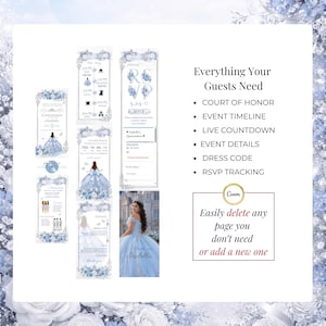 Editable Cinderella Quinceañera website template with RSVP page, court of honor section, event timeline, dress code, countdown timer, and guest information pages. Perfect for XV Años, Sweet 15, and princess-themed celebrations.