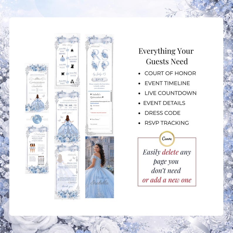 Editable Cinderella Quinceañera website template with RSVP page, court of honor section, event timeline, dress code, countdown timer, and guest information pages. Perfect for XV Años, Sweet 15, and princess-themed celebrations.