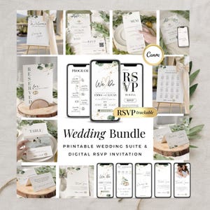 Sage Green Wedding Invitation Suite with RSVP – Editable Canva Template featuring digital and printable invitation, RSVP card, welcome sign, menu, seating chart, reserved and table cards. Includes trackable online RSVP form and mobile preview. Perfect minimalist wedding set for modern brides. Customize everything with Canva. Ideal for eco-friendly weddings and instant download.