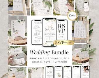 Sage Green Wedding Invitation Suite – Minimalist Canva Template (Digital Printable)