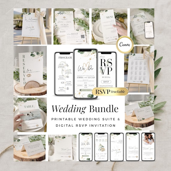 Sage Green Wedding Invitation Suite with Online RSVP – Editable Canva Template – Modèle Invitation Mariage Numérique Digital à Personnaliser