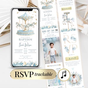 Invito Battesimo Bimbo Carosello Blu, Baptism Invite Boy Digital Canva Template Invito Digitale Battesimo con RSVP Prima Comunione Bimbo