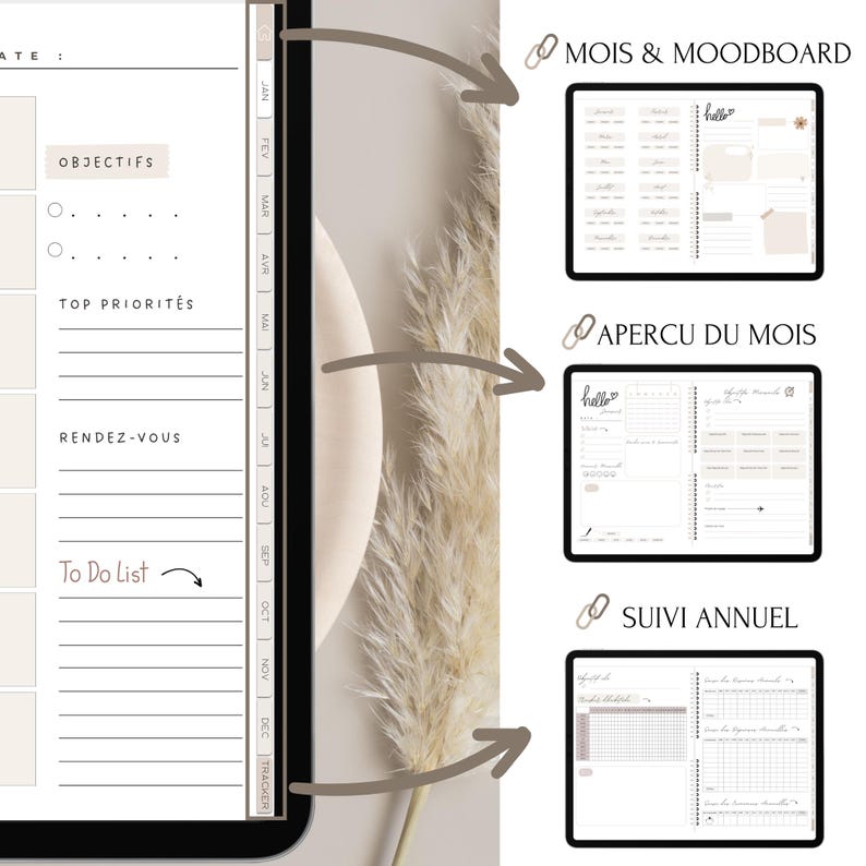 May include: A digital planner app on a tablet with a calendar, to-do list, and monthly overview sections. The app has a minimalist design with a beige background and black text.