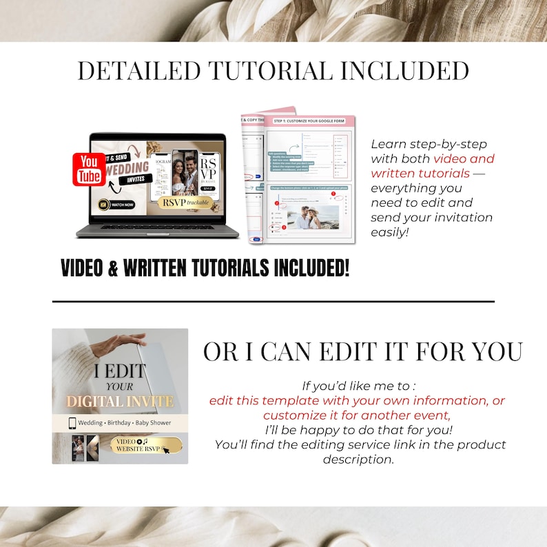 Detailed video and written tutorial included with engagement party digital invitation Canva template, easy setup guide for beginners.