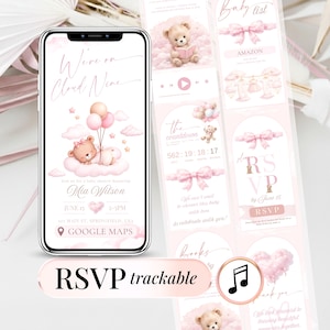 Peut inclure: Une invitation numérique pour une baby shower sur un écran de smartphone, avec une illustration d'ours en peluche et des ballons roses. L'invitation comprend le texte "We're on Cloud Nine" et des informations RSVP. Panneaux supplémentaires.