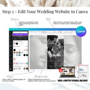 Step 2: Customize your wedding website in Canva. Edit text, fonts, photos, and background colors to match your wedding theme. Add or delete pages as needed. Easy drag-and-drop interface for a fully personalized digital wedding invitation. Includes video and written tutorials for guidance.