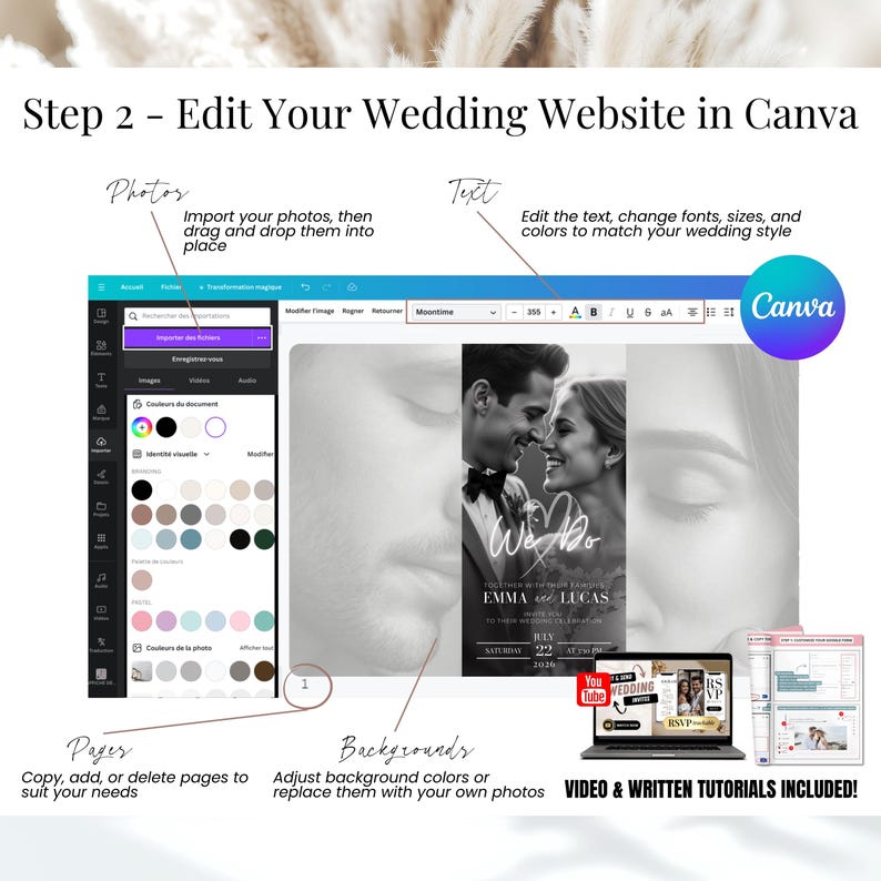 Step 2: Customize your wedding website in Canva. Edit text, fonts, photos, and background colors to match your wedding theme. Add or delete pages as needed. Easy drag-and-drop interface for a fully personalized digital wedding invitation. Includes video and written tutorials for guidance.