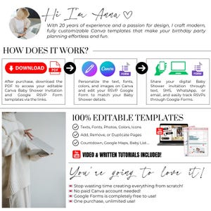 How it works – Baby Shower Invitation & RSVP Template – Download editable Canva template and Google Form, customize text, colors, and fonts, then share via text or email – 100% editable: countdown, Google Maps, gift list – No Canva Pro needed – One-time purchase, unlimited use – Includes video & written tutorials – Created by Anna, 20+ years of design experience.