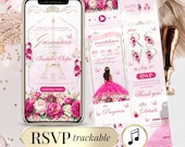 Quinceañera Digital Invitation with RSVP Tracker – Pink Paris Floral Canva Editable Invitation, Music Countdown, Online RSVP
