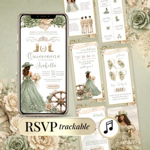 May include: A digital invitation for a Quinceañera, featuring a sage green and gold color scheme. The invitation includes the name Isabella, event details, and RSVP information. The design incorporates floral elements and a decorative wheel.