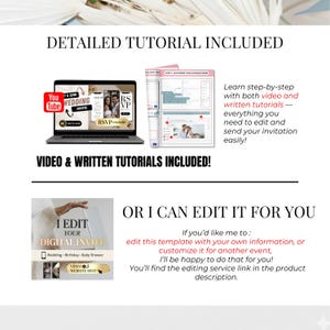 Detailed tutorial included for editing baby shower digital invitation. Heaven Sent blue baby shower invite with RSVP tracker, Canva and Google Form instructions.