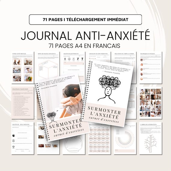 Journal Anti-Anxiété Anti Stress – Ebook Francais Surmonter l’Anxiété - Guide & Exercices Pratiques - Planner Francais Anti Anxiety Journal