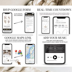 Digital wedding invitation Canva template with RSVP Google Form, real-time countdown timer, Google Maps link for venue, and custom music integration. Animated wedding website evite lets guests RSVP online, track attendance, view live countdown, get instant directions, and play a song. Modern black gold digital wedding invite, interactive and eco-friendly alternative to paper invitations.