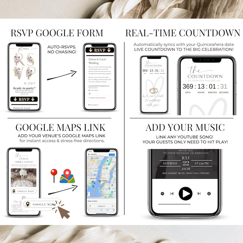 Digital wedding invitation Canva template with RSVP Google Form, real-time countdown timer, Google Maps link for venue, and custom music integration. Animated wedding website evite lets guests RSVP online, track attendance, view live countdown, get instant directions, and play a song. Modern black gold digital wedding invite, interactive and eco-friendly alternative to paper invitations.