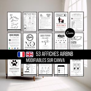 May include: A display of 13 framed black and white Airbnb signs, each with different text and graphics. The signs feature phrases such as "Welcome", "Toilet", and "House Rules". The image also includes the text "53 Airbnb Posters".