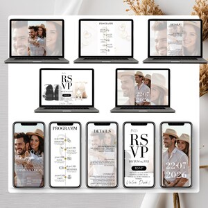 Digitale Canva-Hochzeitseinladung: Stilvolle Vorlage mit integriertem RSVP-Link und Google-Formular. Ideal für Paare, die eine elegante, papierlose und personalisierbare Einladung suchen.