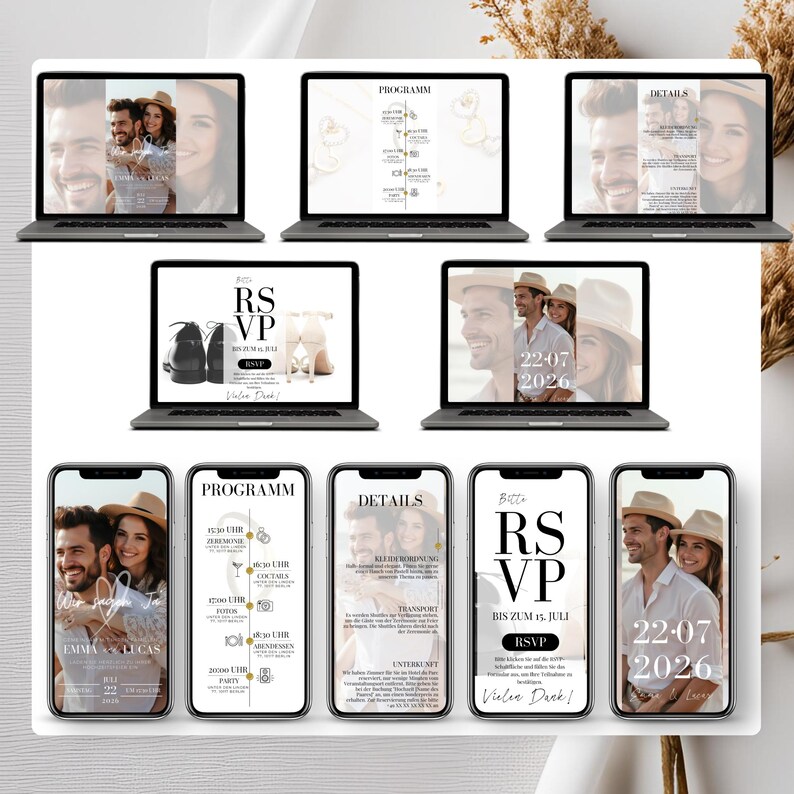 Digitale Canva-Hochzeitseinladung: Stilvolle Vorlage mit integriertem RSVP-Link und Google-Formular. Ideal für Paare, die eine elegante, papierlose und personalisierbare Einladung suchen.